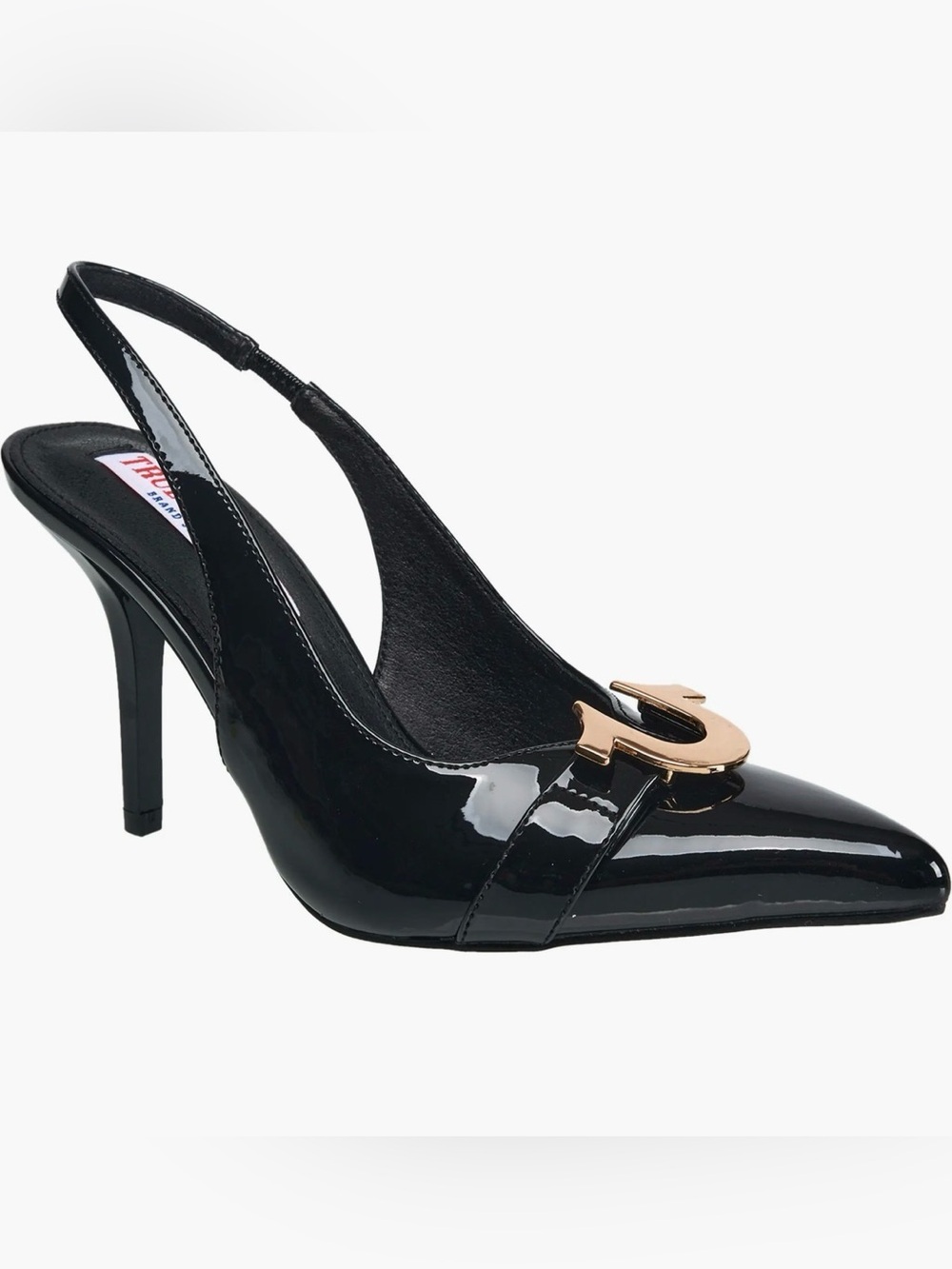 True Religion Women's Black Patent 

Muni Metal Horseshoe Logo Heel
No box